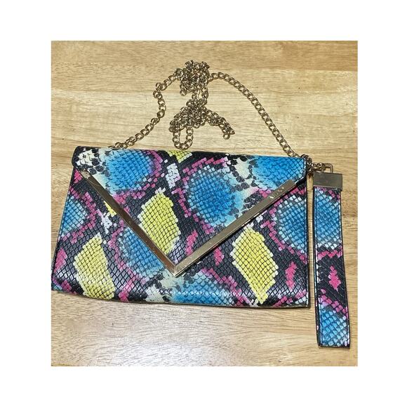 Aldo Snake Print Clutch Purse Envelope Crossbody Bag Colorful Yellow Pink Black - Picture 1 of 9